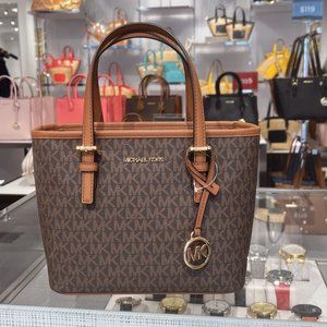 MICHAEL KORS MK JET SET TRAVEL XS ZIP CROSSBODY TOTE BAG BROWN SIGNATURE LOGO